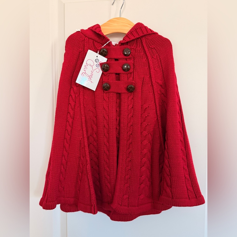 Sweet Charlotte Red Hooded Knit Cape with Buttons
